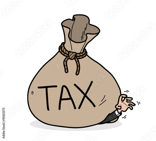 Tax, a hand drawn vector illustration of a businessman got trouble from an overwhelming tax bill.