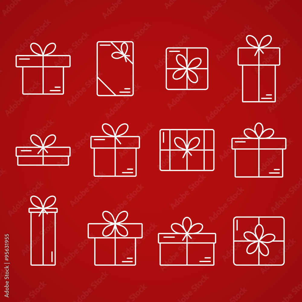 Vector thin line icons of gift boxes.