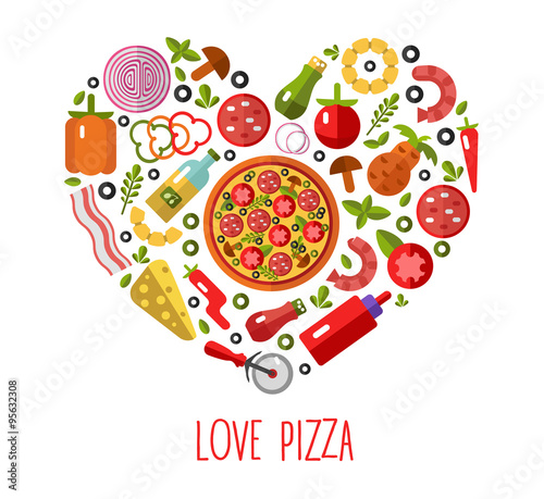 Vector flat pizza's icons in heart shape top view. Pizza's ingredients - tomato, olive, onion, pepper, mushroom, shrimp, cheese, bacon, pineapple, sausage. Love Pizza.