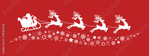 santa sleigh reindeer flying snowflakes stars red background