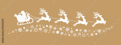 santa sleigh reindeer flying snowflakes stars gold background