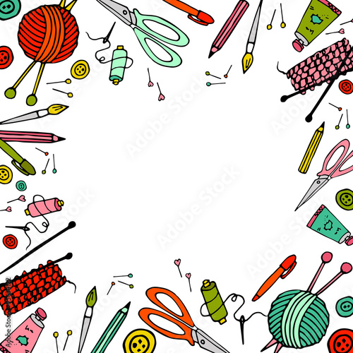 Tolls for hand made and hobby, handdrawn vector illustration. Set with needles, pins, scissors, paint,pen, brush. Could be used for project cover. Made with clipping mask