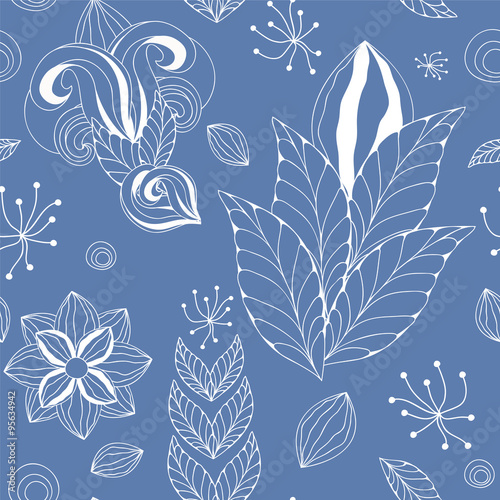 stock vector seamless blue floral doodle pattern.