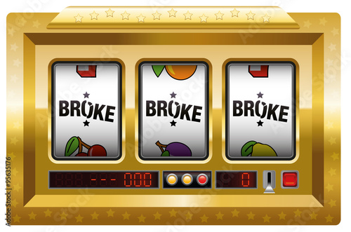 Broke - slot machine with three reels lettering BROKE. Isolated vector illustration on white background.