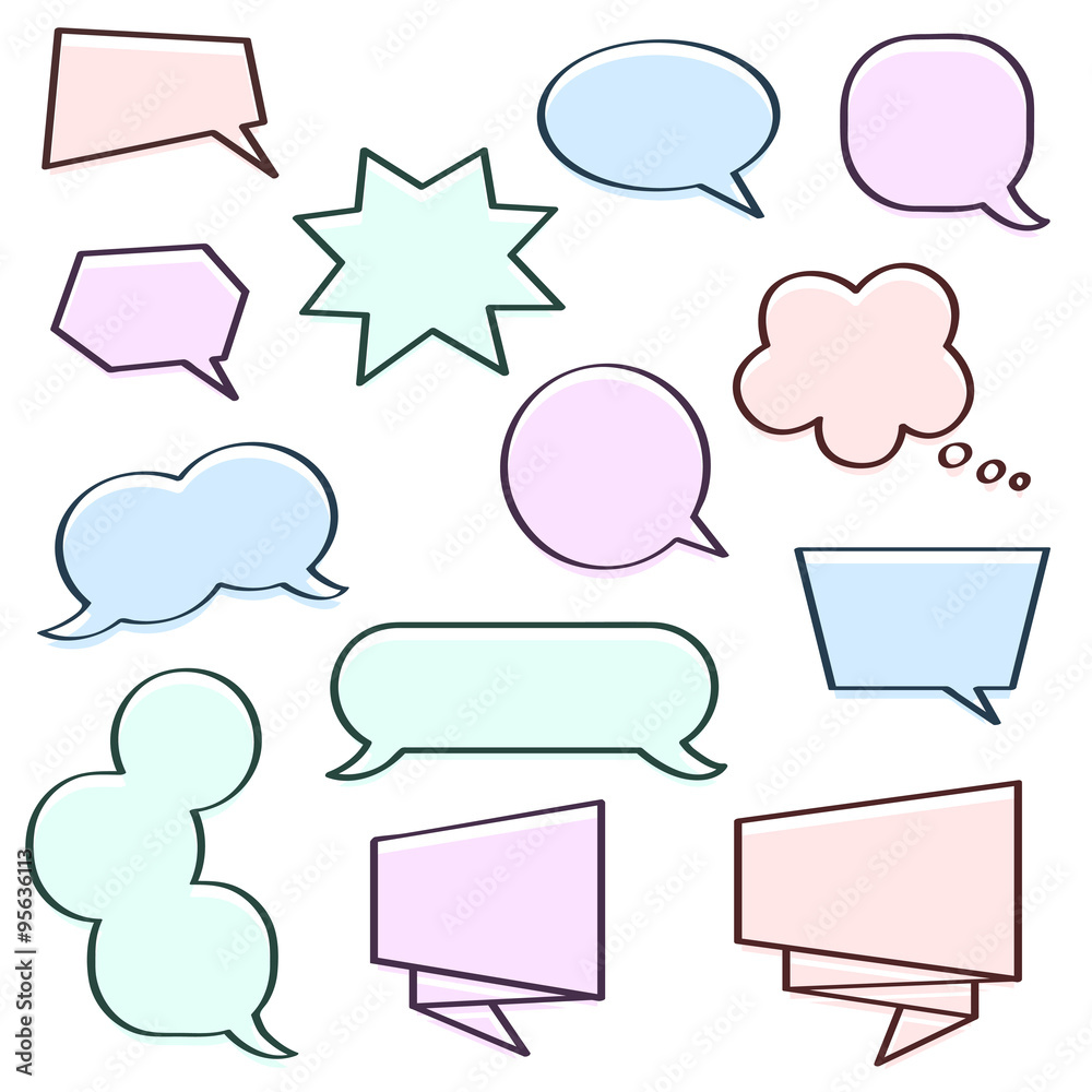 Multicolor (light pink, light blue, light green, light violet ) offset printing vector speech bubbles set. Perfect for comics pictures! Multicolor (light pink, light blue, light green, light violet ) offset printing vector speech bubbles set. Perfect for comics pictures!