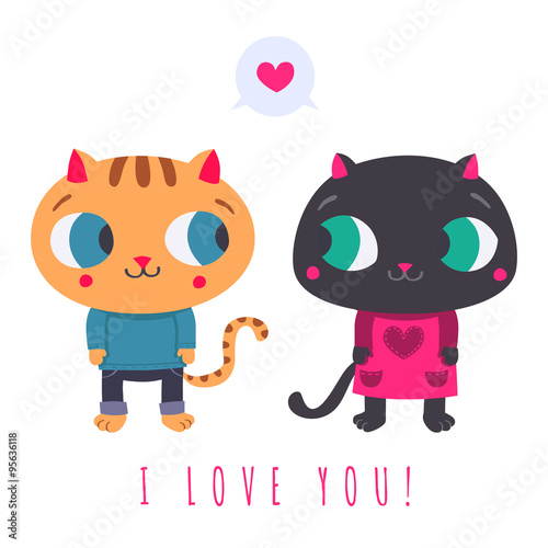Cute ginger cat in jeans and sweater and black cat in pink dress with speech bubble and heart I love you illustration (card and background)