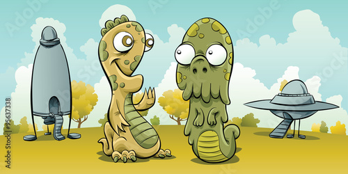 Two friendly, cartoon aliens meet after landing their UFO and flying saucer on a planet.