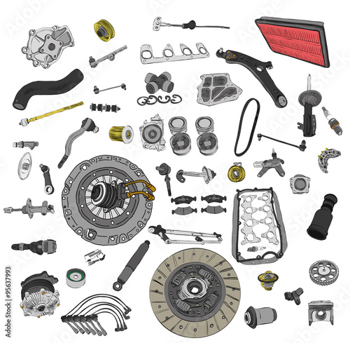 Spare parts car on the white background set