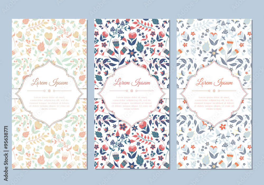 Cute vintage doodle floral cards set for invitation, label, banner, wedding, party, baby shower, hen-party, mother's day, valentine. Beautiful background with gentle flowers and leaves. Vector