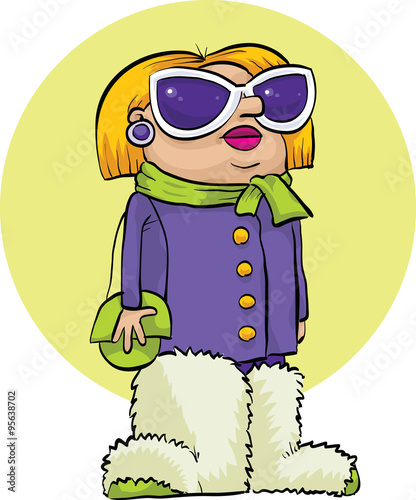 A cartoon woman wearing purple sunglasses and a pair of oversized, fuzzy fur boots.
