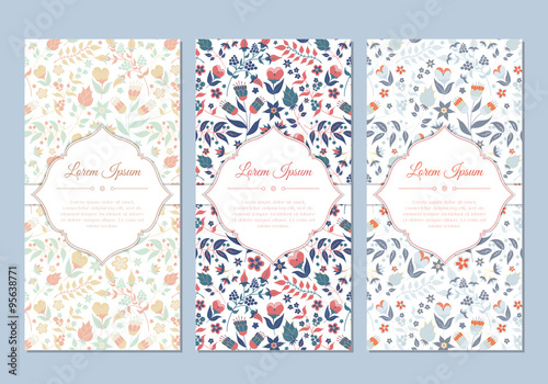 Cute vintage doodle floral cards set for invitation, label, banner, wedding, party, baby shower, hen-party, mother's day, valentine. Beautiful background with gentle flowers and leaves. Vector