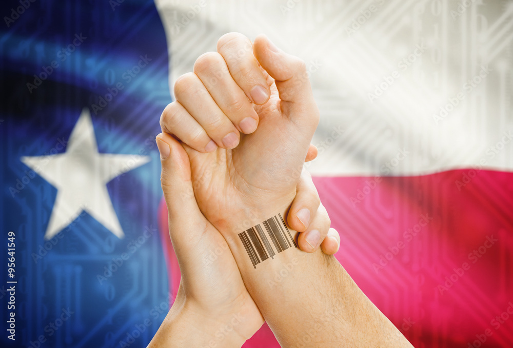 Barcode ID number on wrist and USA states flags on background - Texas