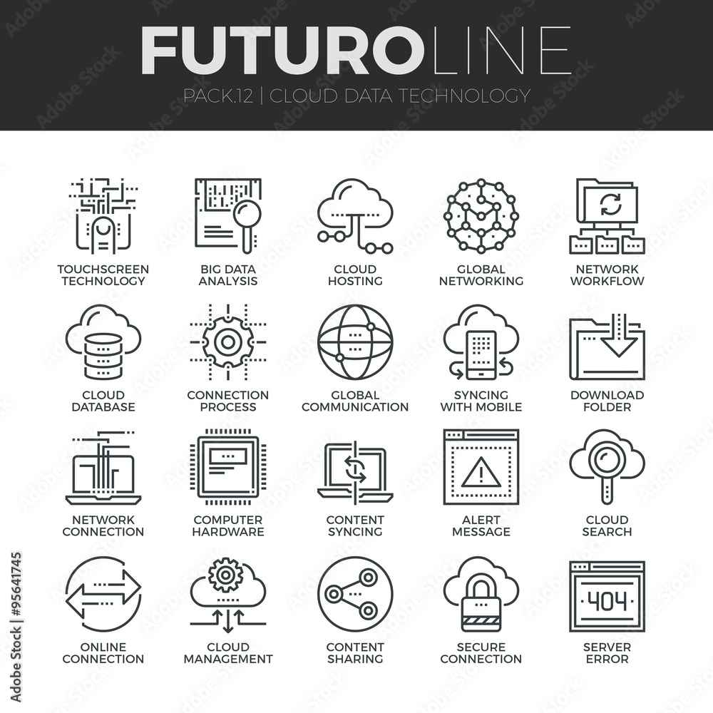 Obraz premium Cloud Data Technology Futuro Line Icons Set