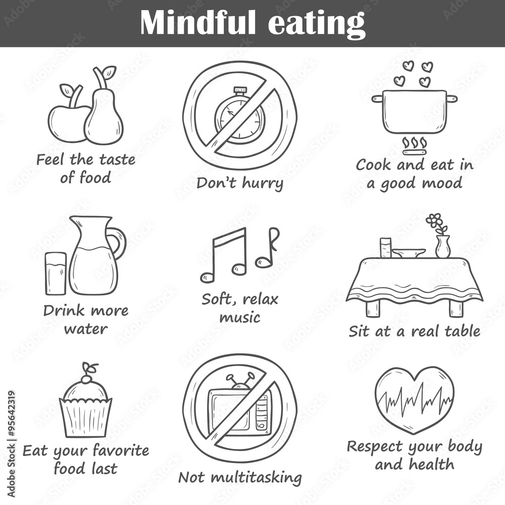 Objects on mindful eating rules theme Stock Vector Adobe Stock