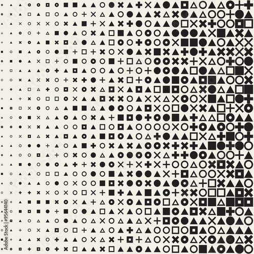 Vector Seamless Black and White Circle Square Cross Triangle Shapes Halftone Grid Pattern Geometric Background