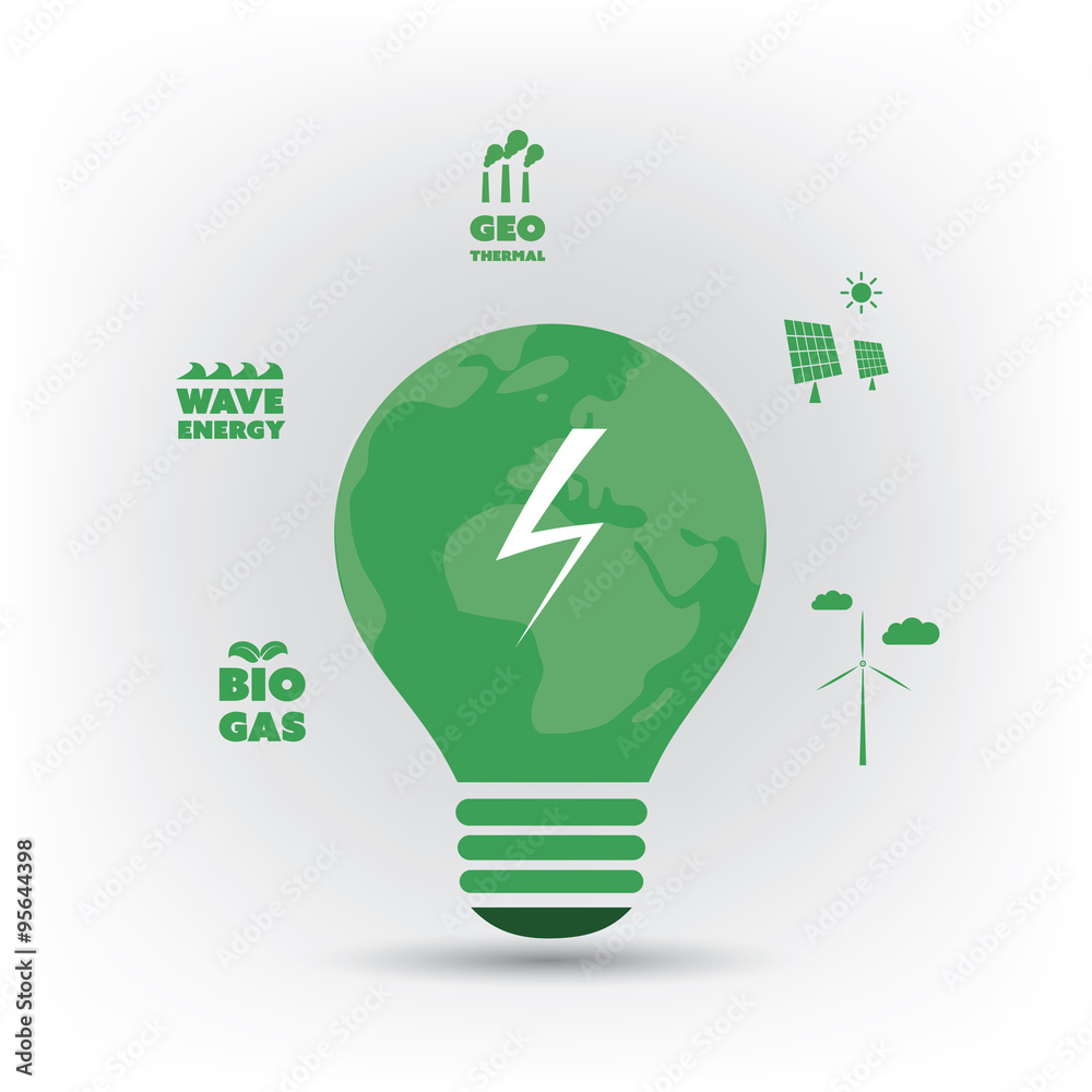 Think Green. Green Electricity. Eco Friendly Ideas In Light Bulb Symbol - Concept Vector | Adobe Stock