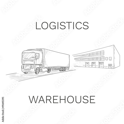 Logistics sign with truck and warehouse vector illustration