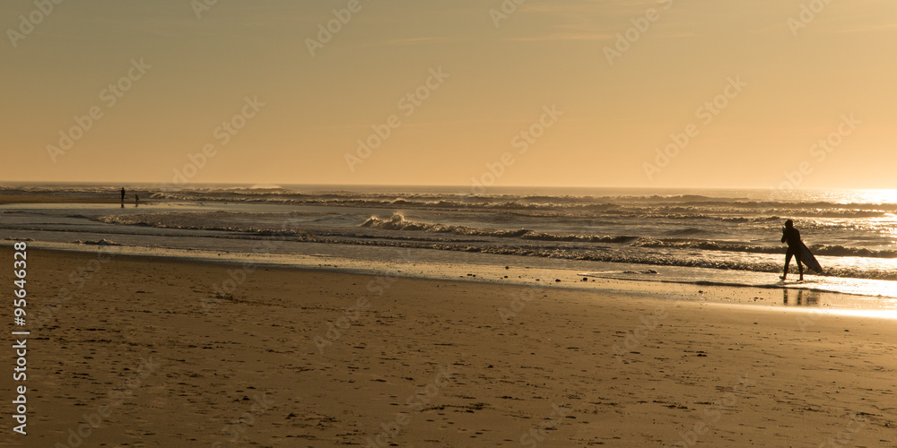 Beautiful seascape with surfer walking along the beach