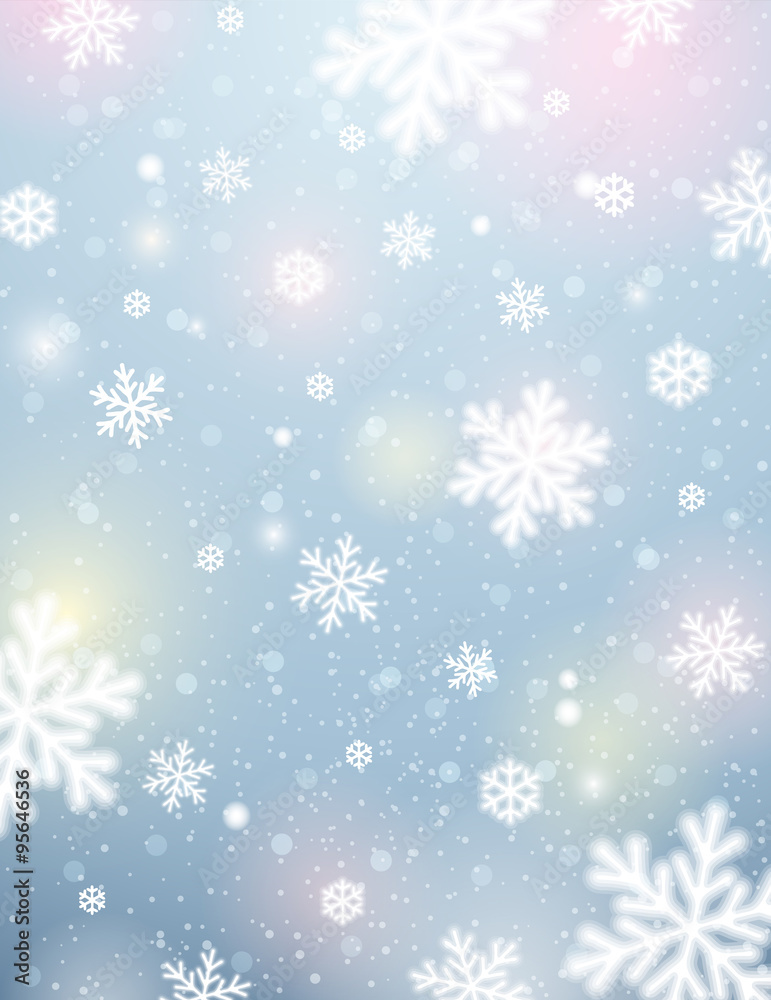 Light background with bokeh and blurred snowflakes, vector