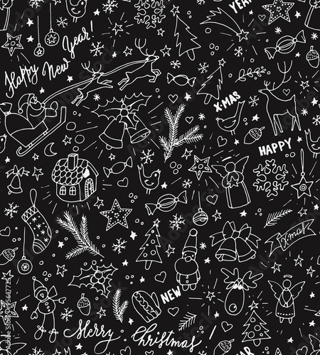 Sketchy doodle winter Christmas and New Year pattern, blackboard