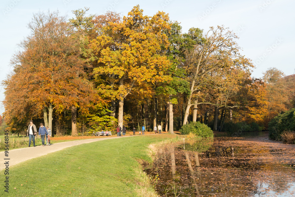 Naklejka premium Ludzie korzystający jesienią na spacer chodnikiem wzdłuż stawu, w lasach w pobliżu Baarn w Holandii