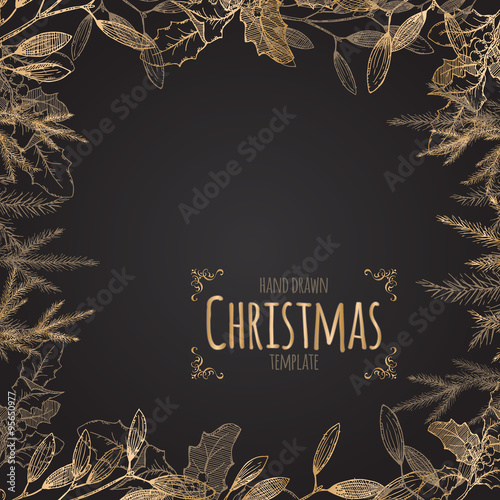 Vintage Christmas decorative template with mistletoe and pine branches
