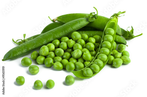 Fototapeta green pea pod, green peas, white background