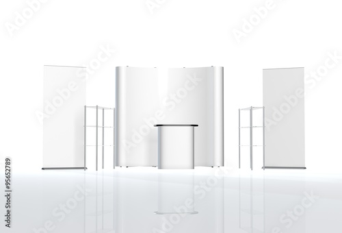 Trade exhibition stand, Exhibition Stand round, 3D rendering visualization of exhibition equipment, a set of stands, Advertising space on a white background, with space for text ads