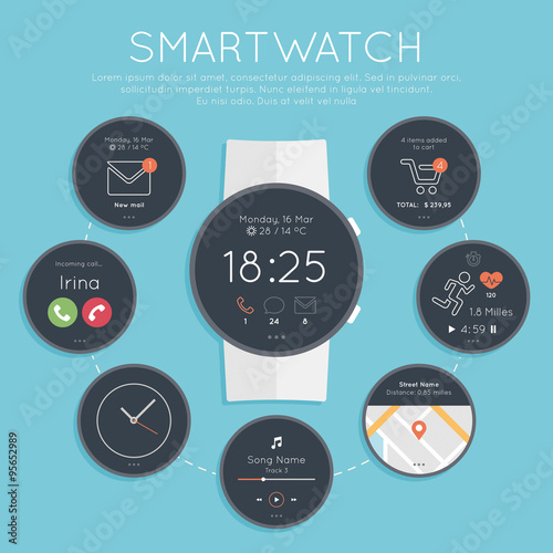 Flat design style modern vector illustration concept of smartwatch gadget, phone calls, sms, mails, music media player, location, running...
