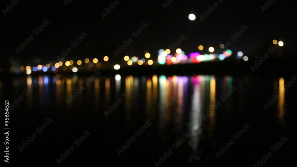 City light bokeh background with water reflection
