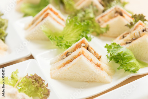Freshly made of mixed sandwich triangles on wooden background