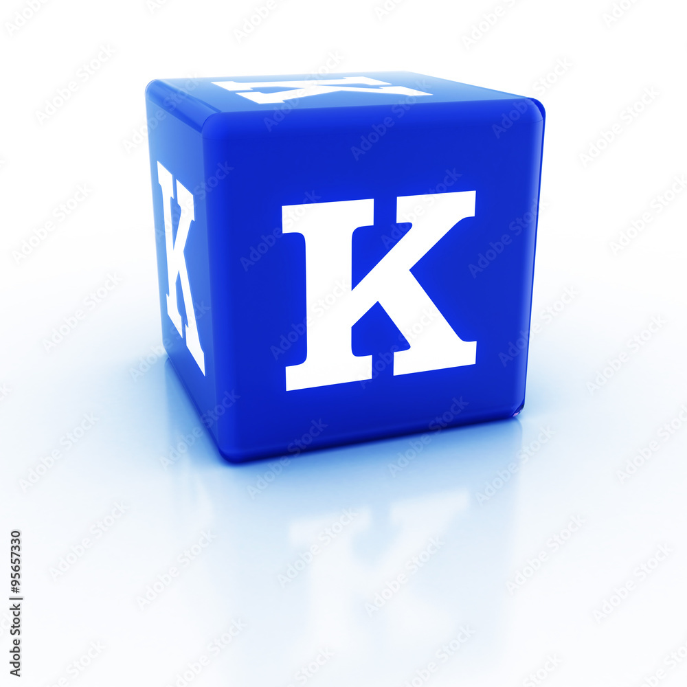 The letter K on the cube. 3D render of a cube. The alphabet blocks. The letter K on the cube. 3D render of a cube. The alphabet blocks.
