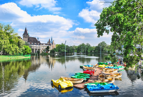 Canvas Print The Vajdahunyad Castle in Budapest in Hungary against the blue sky with clouds on a sunny day