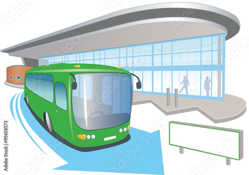 Bus with bus station and arrow