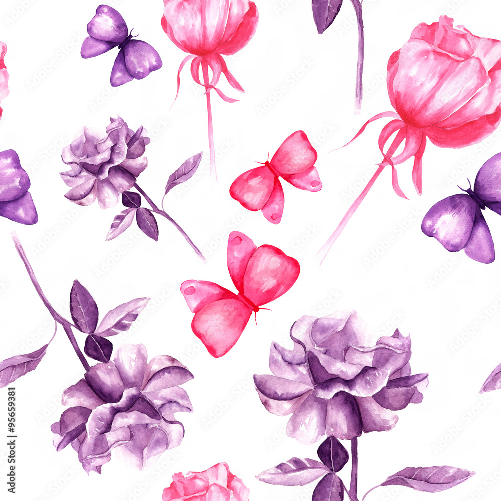 Seamless pattern with pink and purple roses and butterflies