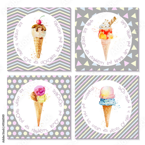 Set of postcards with ice cream in cones.