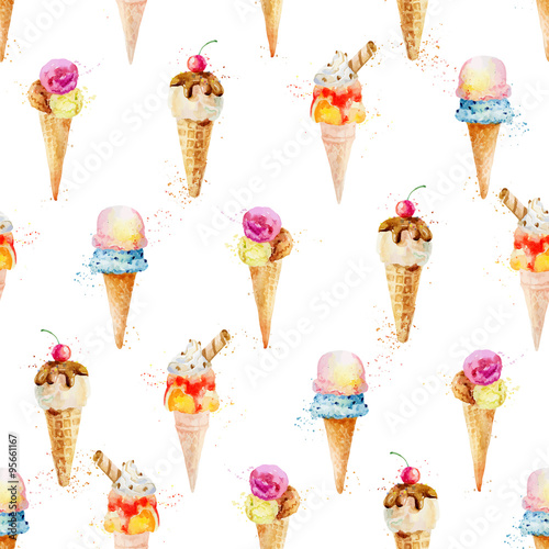 Seamless pattern with ice cream cones isolated on white backgrou