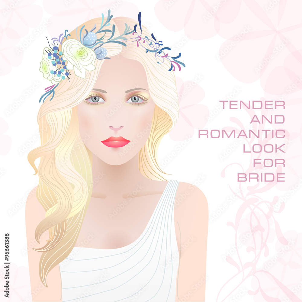 Beauty face of bride. Vector illustration. Romantic, tender and delicate style for bride. Beautiful blonde in flower wreath