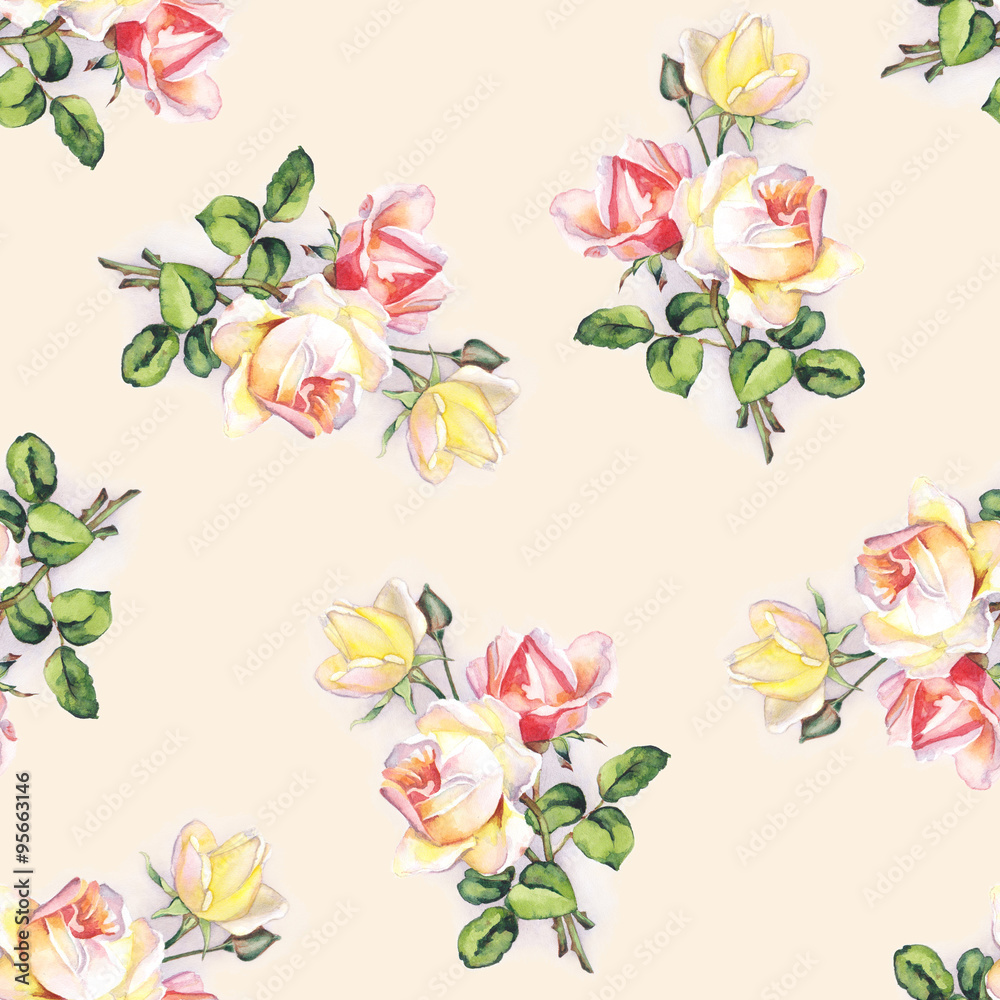 Seamless pattern with delicate roses. Original hand drawn watercolor painting.