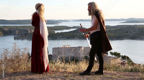 Knight bow and knell down in front of princess
