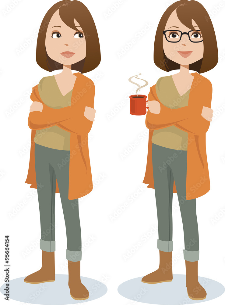 Young woman in casual attire standing with arms crossed, holding a mug of hot coffee Young woman in casual attire standing with arms crossed, holding a mug of hot coffee