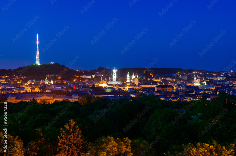 Obraz premium Lviv city center night panorama