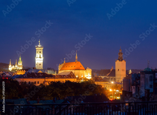Lviv city center night panorama