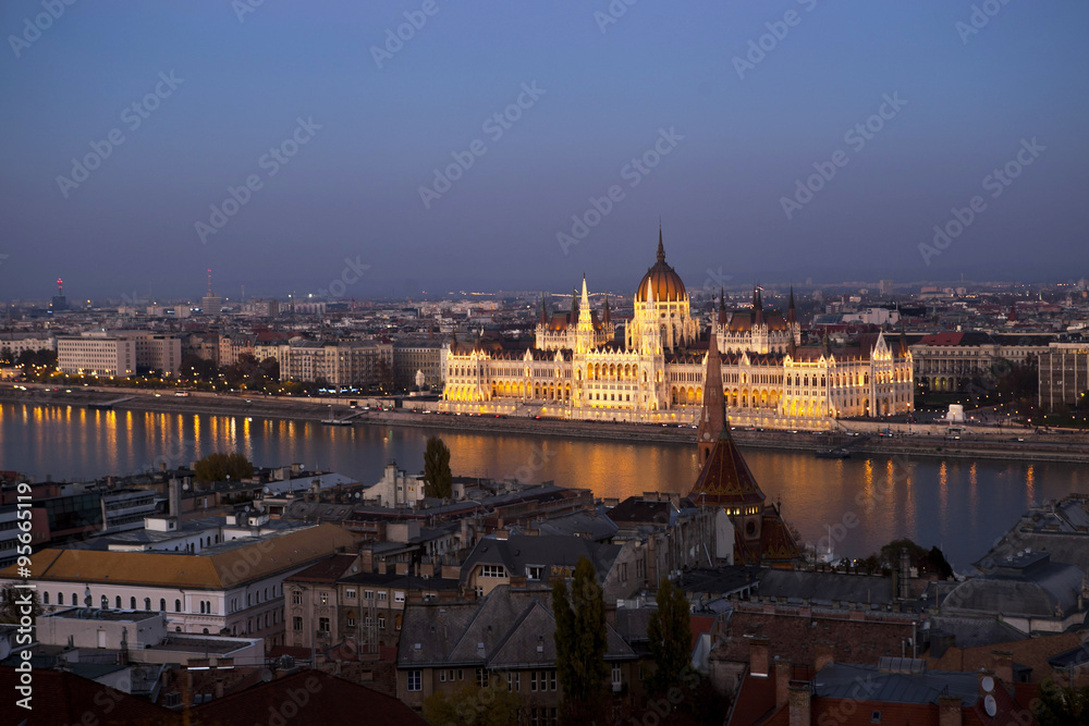 Exterior shot of Hungarian Parliament Building and Danube River, Budapest, Hungary.