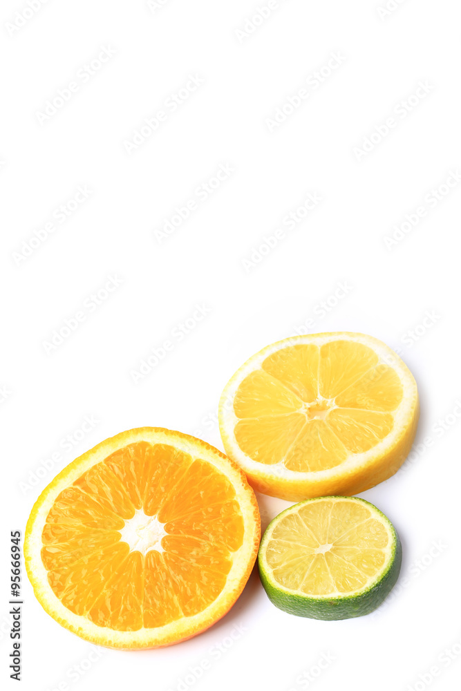citrus orange lemon lime cut circles isolated on white background citrus orange lemon lime cut circles isolated on white background