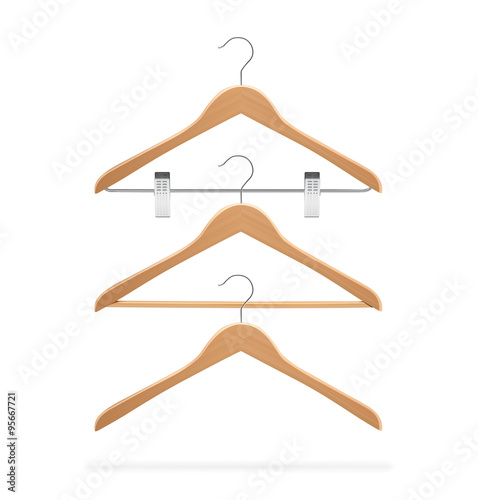 Set of wooden hangers on white background. Vector illustration