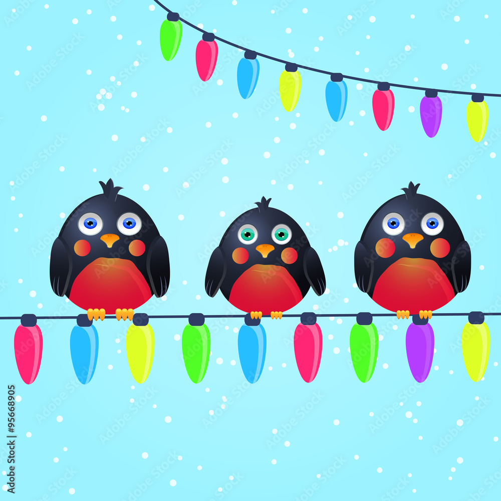 Cute Birds on Wire with Christmas Light Bulbs Cute Birds on Wire with Christmas Light Bulbs