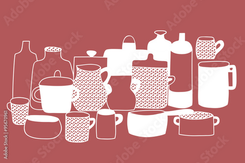 White outline sets of tableware on red background