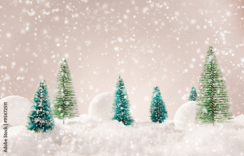 Christmas background with snowy landscape.