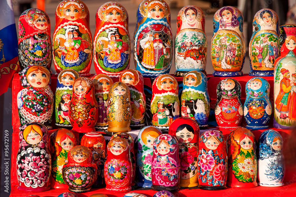Russian traditional nested dolls - matryoshka. Dolls are on sale as souvenirs for tourists.